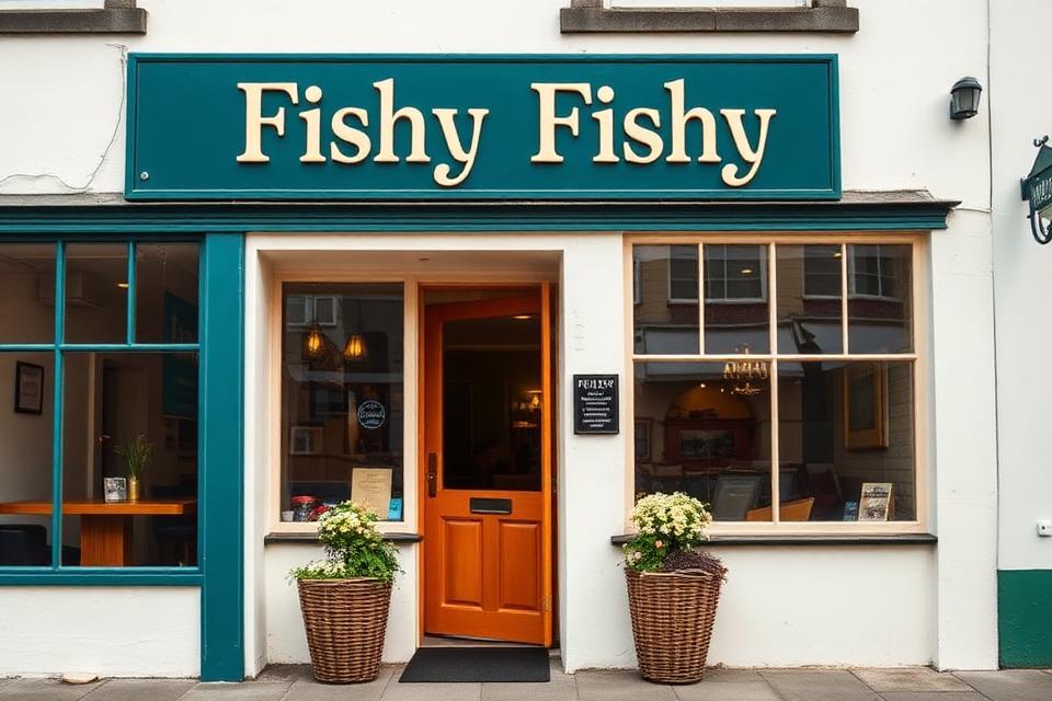 Fishy Fishy on Crowley's Quay — a whitewashed restaurant front with a deep teal name board and woven planters by the door.