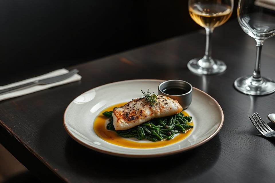 Global Village — a single elegantly plated hake fillet on a bed of greens with a swirl of herb oil, on a dark wooden table with wine glasses softly out of focus.