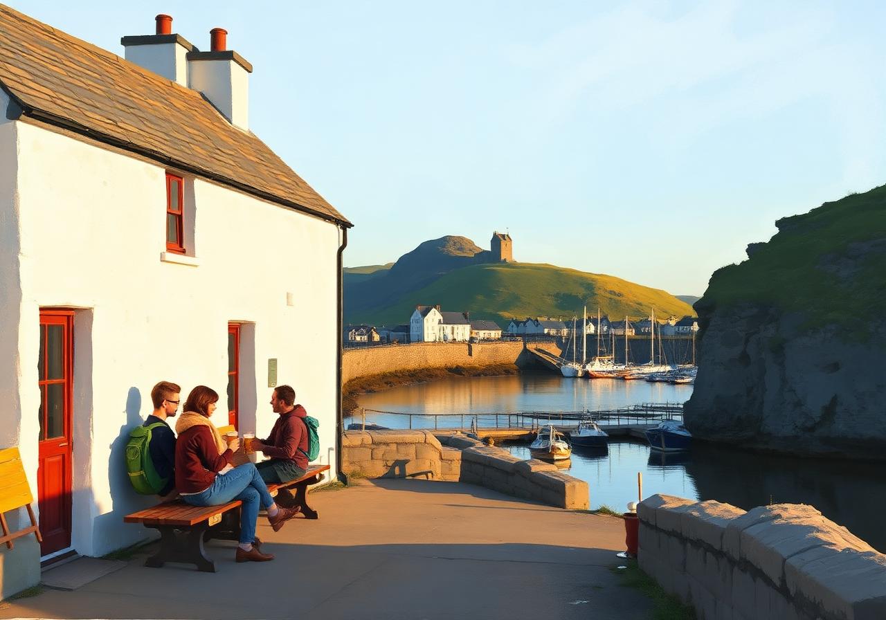 Whitewashed converted coastguard station hostel just up from Clare Island harbour at golden hour, backpackers on a bench with pints, Granuaile's tower house and Knockmore mountain in the distance, painterly editorial style.