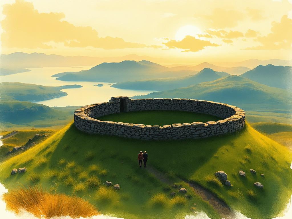 Painterly view of the circular dry-stone Iron-Age Grianán of Aileach ringfort crowning a windswept green hilltop at golden hour, two silvery sea loughs and distant blue mountain ridges spreading out below, two tiny figures of walkers approaching the wall.