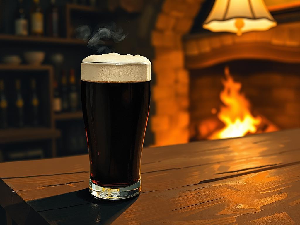 A single freshly poured pint of stout with thick cream head on a worn dark wooden bar counter, a turf fire glowing softly in the background