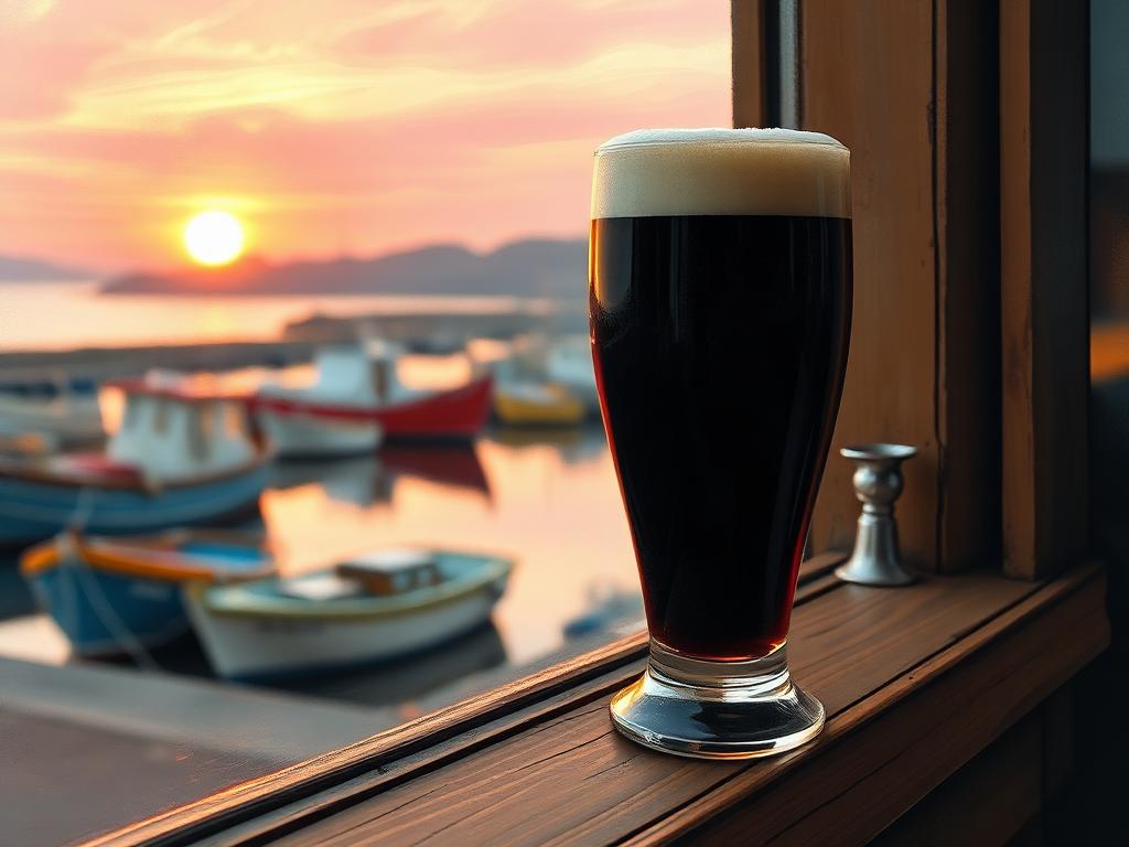 Painterly close-up of a creamy-headed pint of dark stout on a worn wooden bar windowsill, a soft-focus pink and gold sunset over Downings harbour with moored fishing boats blurred behind.