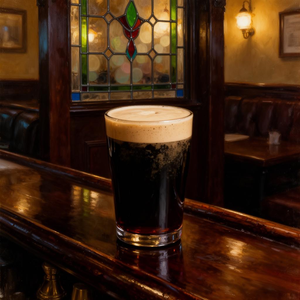 A creamy pint of stout settling on the polished mahogany bar of an old Sligo Victorian pub, soft warm tungsten light catching the glass and the stained-glass partition behind, painterly editorial style.