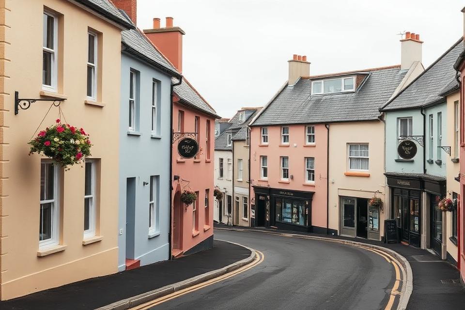 A pastel-painted Kinsale street on the historic walking-tour route — short Georgian shopfronts in soft blue, pink and ochre, a glimpse of harbour beyond.