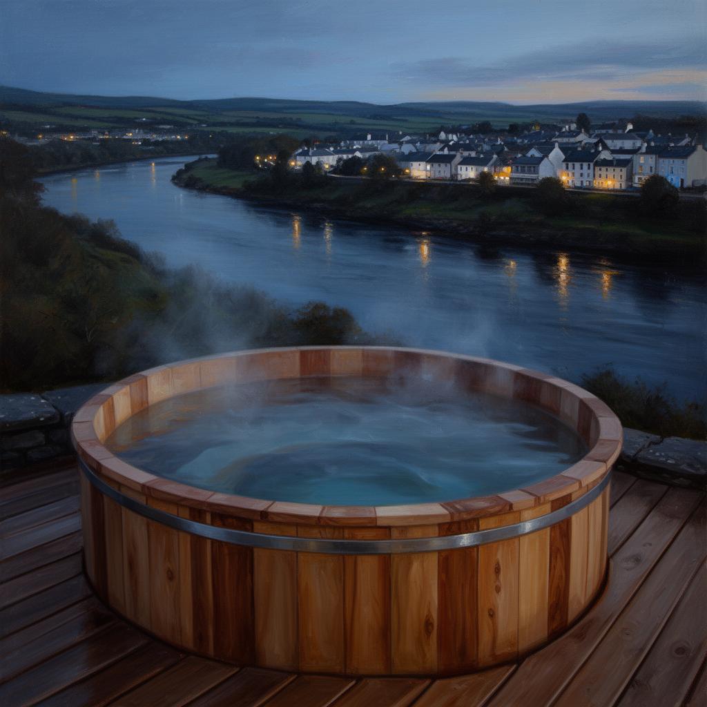 A cedar barrel hot tub steaming on a wooden deck above the wide River Moy at dusk, the lights of Ballina town reflecting on the dark salmon river beyond, painterly editorial style.