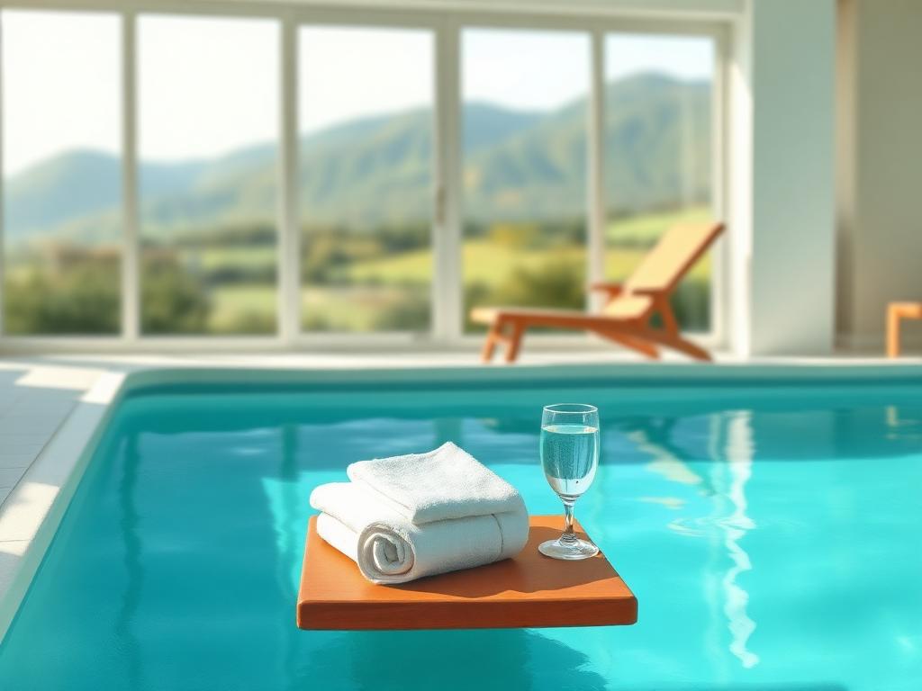 Painterly view of a calm turquoise hotel swimming pool with a folded white towel and a glass of cucumber water on a small wooden ledge, large windows beyond opening to a soft Donegal landscape of green fields and a blurred mountain ridge.