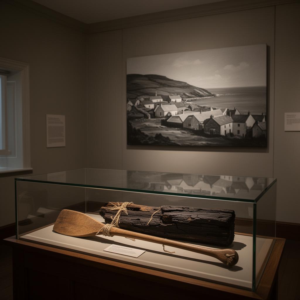 A glass museum display case holding a fisherman's wooden currach paddle and a piece of dark Spanish Armada timber, soft museum spotlights pooling on the objects, an old black-and-white photograph of the abandoned Inishkea island village on the wall behind, painterly editorial style.