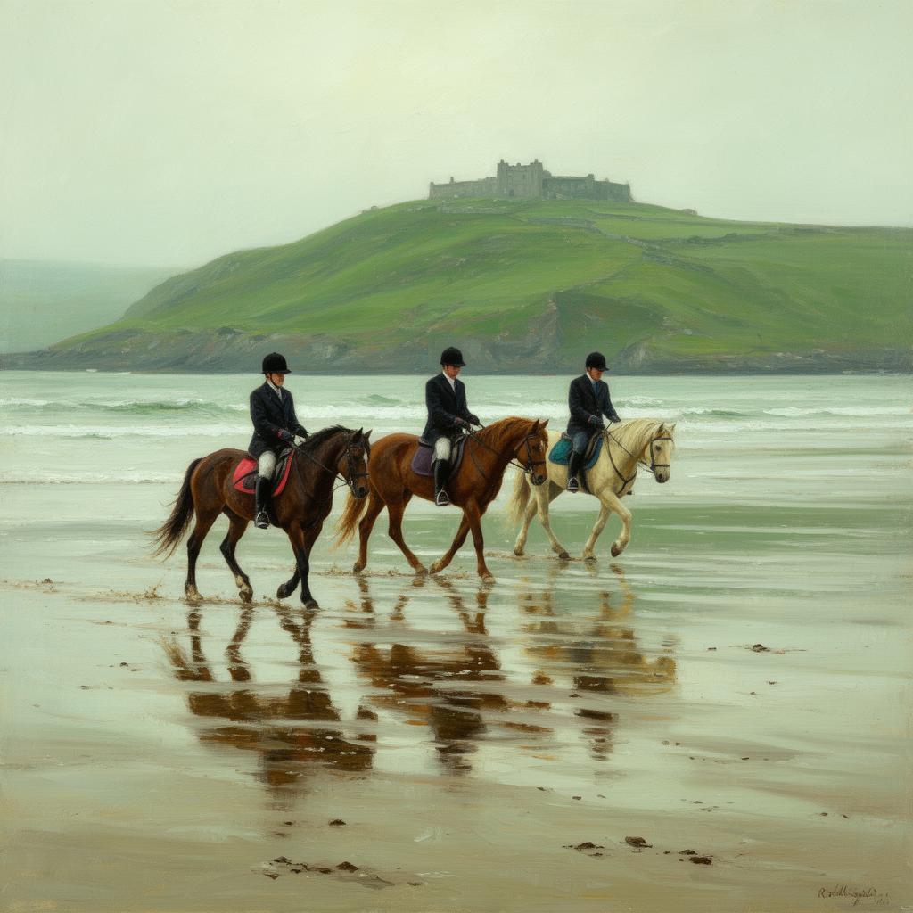 Three horses with helmeted riders walking along the wet sand of Mullaghmore strand at low tide, reflections in the shallow water, the green Mullaghmore peninsula and Classiebawn Castle's silhouette on the headland in the distance, painterly editorial style.