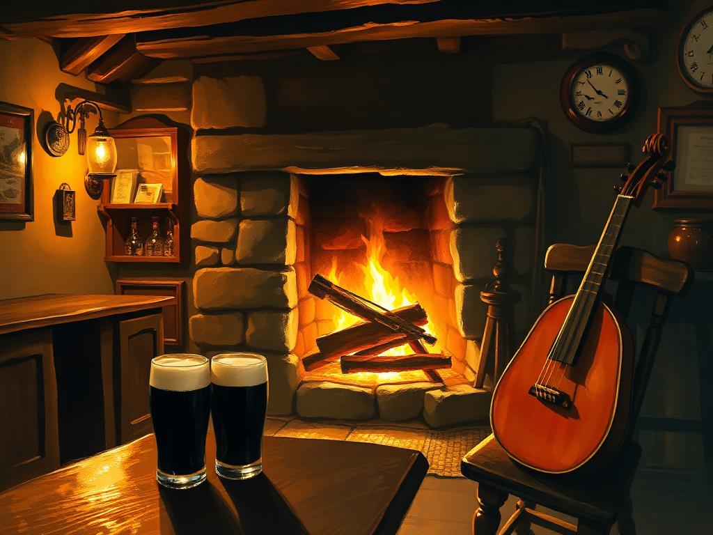 The warm dim interior of a traditional Irish pub at night — turf fire glowing in a stone hearth, two pints of stout on a low table, a fiddle resting on a wooden stool