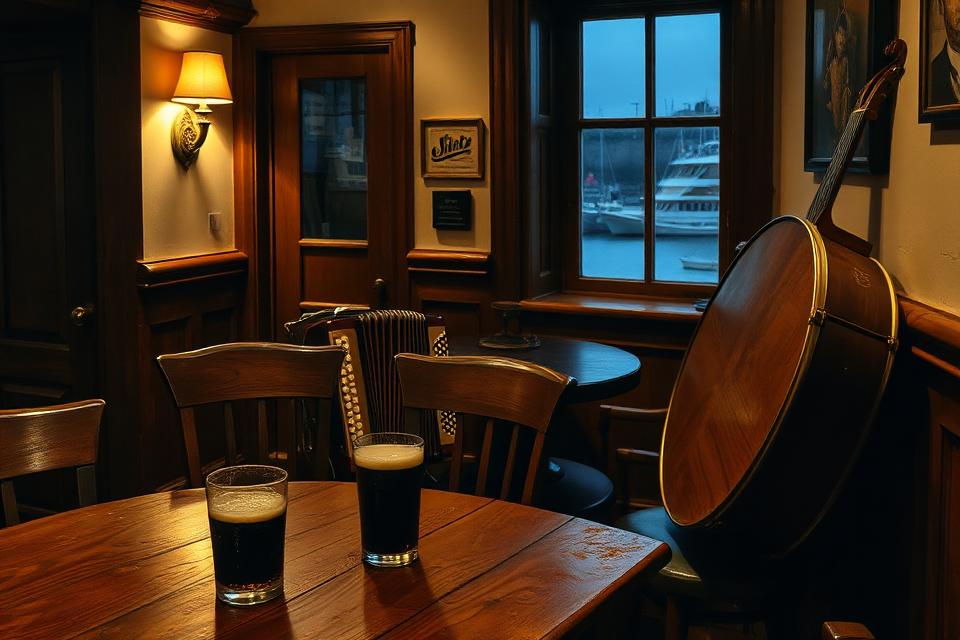 Inside John Benny's — two pints of stout on a wooden table, a button accordion on a chair and a banjo leaning by the window onto Dingle harbour at dusk.