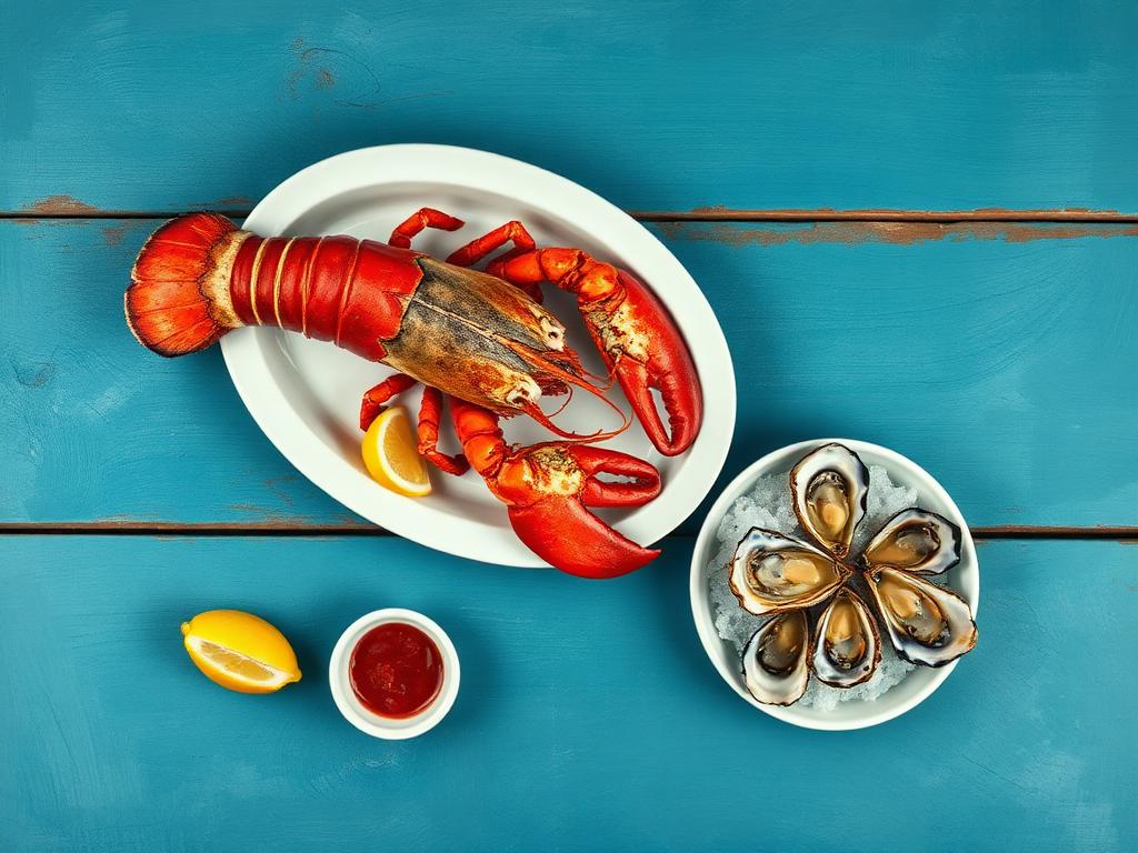Painterly overhead view of a whole cooked Atlantic lobster on a white oval platter beside a bowl of half a dozen Lough Foyle oysters on crushed ice, lemon wedges and a small dish of mignonette on a weathered harbour-blue wooden table.