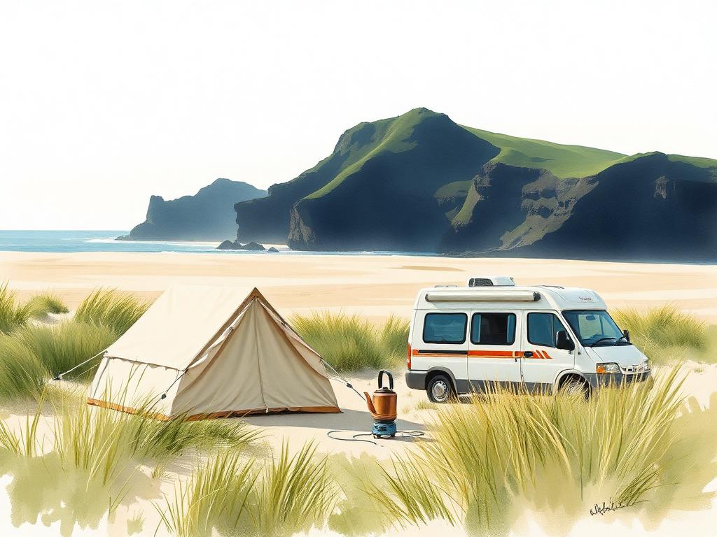 A canvas tent and a campervan pitched among marram-grass dunes behind a wide Atlantic beach on Achill, the dark Minaun cliffs rising at the western end of the strand