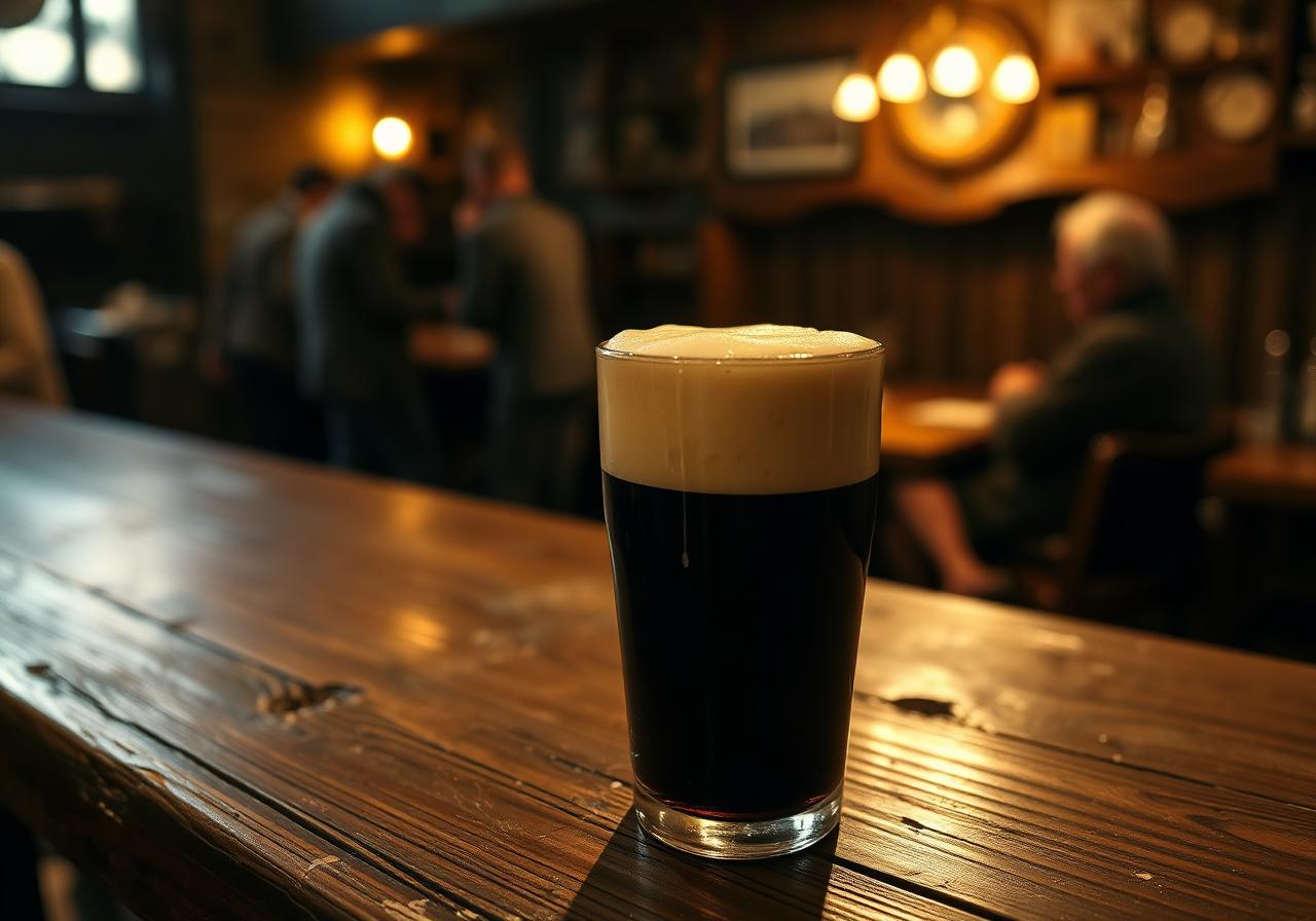Close-up of a creamy-topped pint of stout on a battered dark wooden bar counter, warm bokeh of a glowing turf fire and a couple of locals chatting in the snug interior of a Donegal village pub, painterly editorial style.