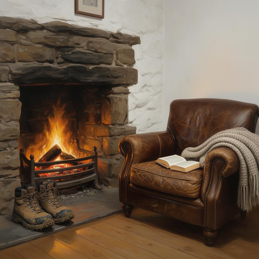 A cosy hostel lounge with a stone fireplace and glowing turf fire, a worn brown leather armchair with a folded wool blanket and an open paperback on the arm, a pair of muddy hiking boots drying by the hearth, painterly editorial style.