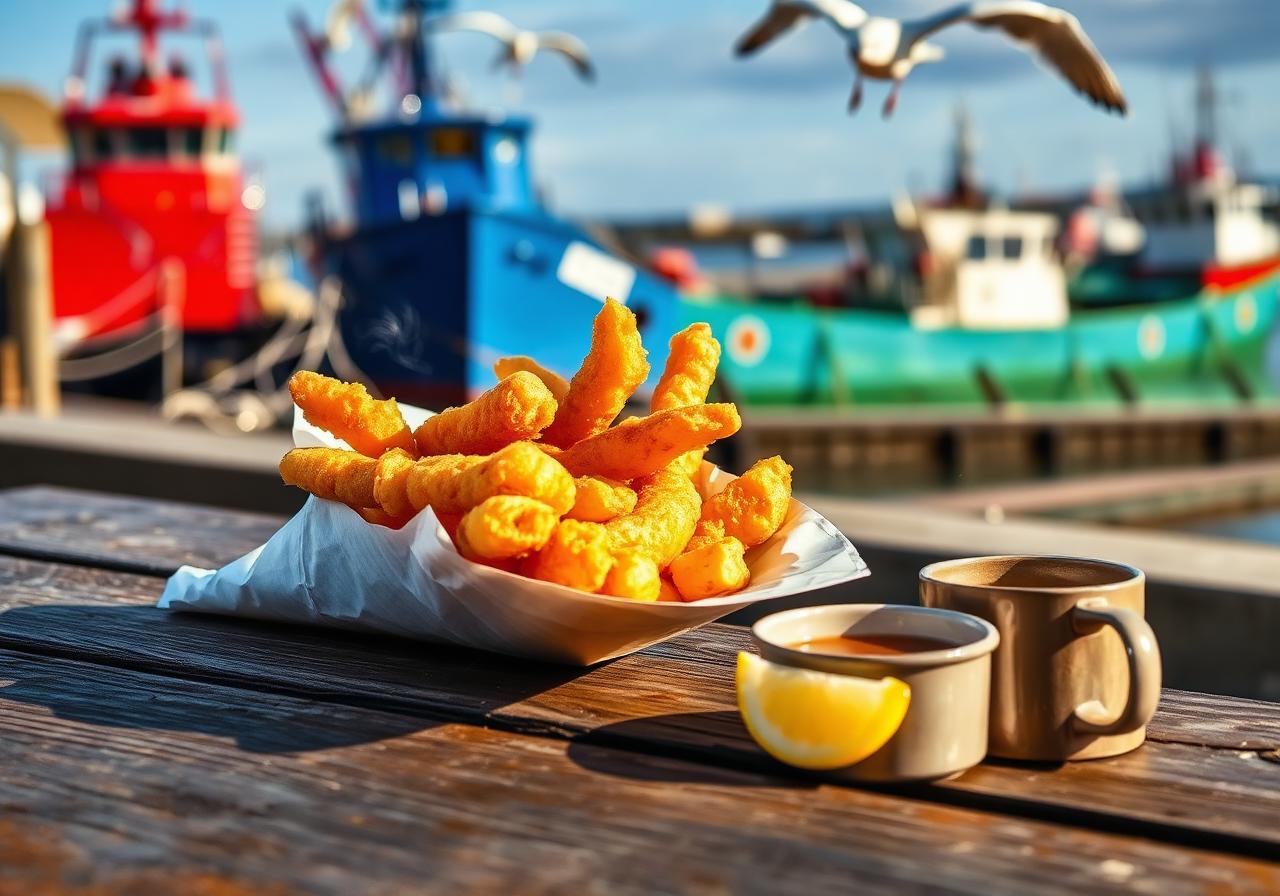 Paper cone of golden battered fish and chunky chips on a weathered bench on Killybegs pier, steam rising, a wedge of lemon and a mug of tea beside it, blue and red deep-sea trawlers berthed in the busy fishing harbour behind, painterly editorial style.