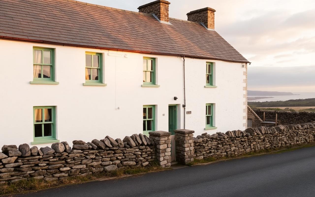 Kilmurvey House, a white-painted stone guesthouse with green window frames and a stone wall, on Inis Mór