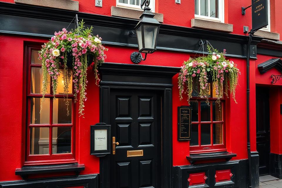Kitty O'Sé's — a vivid red town-centre pub facade with glossy black trim, a wrought-iron lamp and trailing pink hanging baskets.