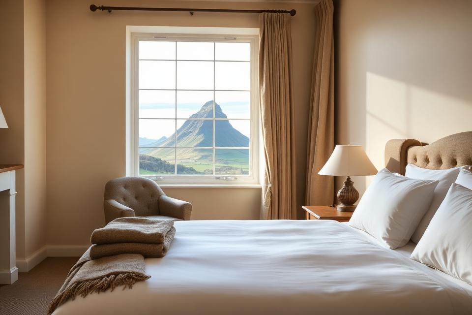 A Knockranny House bedroom — crisp white linen on a king bed with a folded tweed throw, a soft armchair beside a tall sash window framing the conical pyramid of Croagh Patrick.