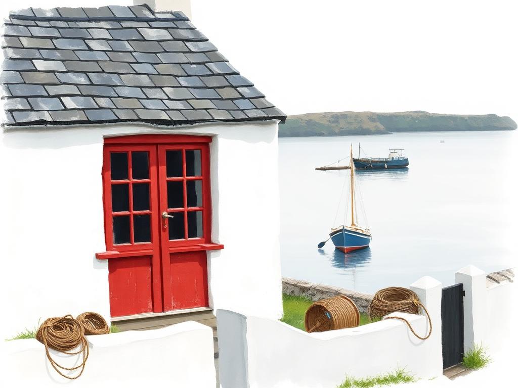 A small whitewashed Irish coastal cottage with a slate roof and a red door, looking out over a calm south-facing bay with a sailing boat moored offshore
