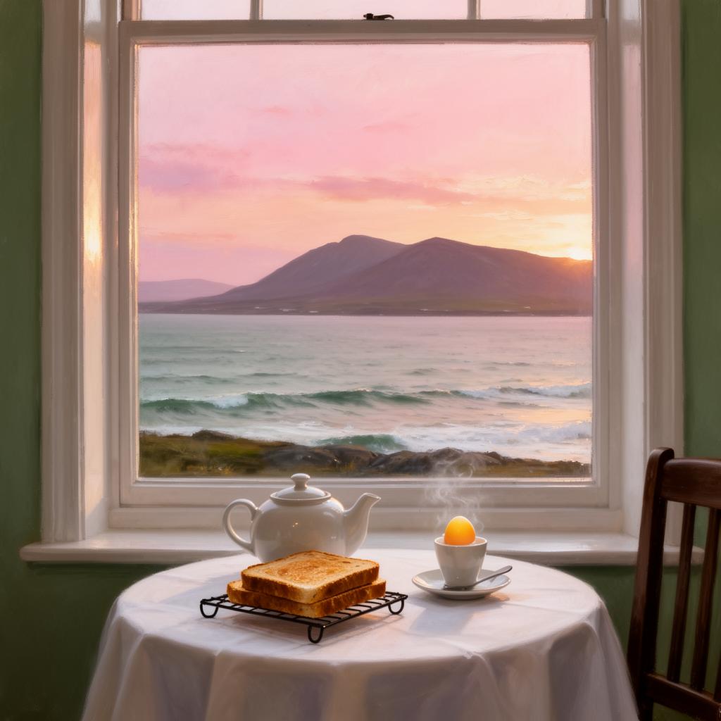 View from a B&B breakfast room window across Blacksod Bay at sunrise — a small white-clothed table with a porcelain teapot, toast and a soft-boiled egg in a cup, the Atlantic and the silhouette of the Achill mountains on the horizon in soft pink and gold light, painterly editorial style.