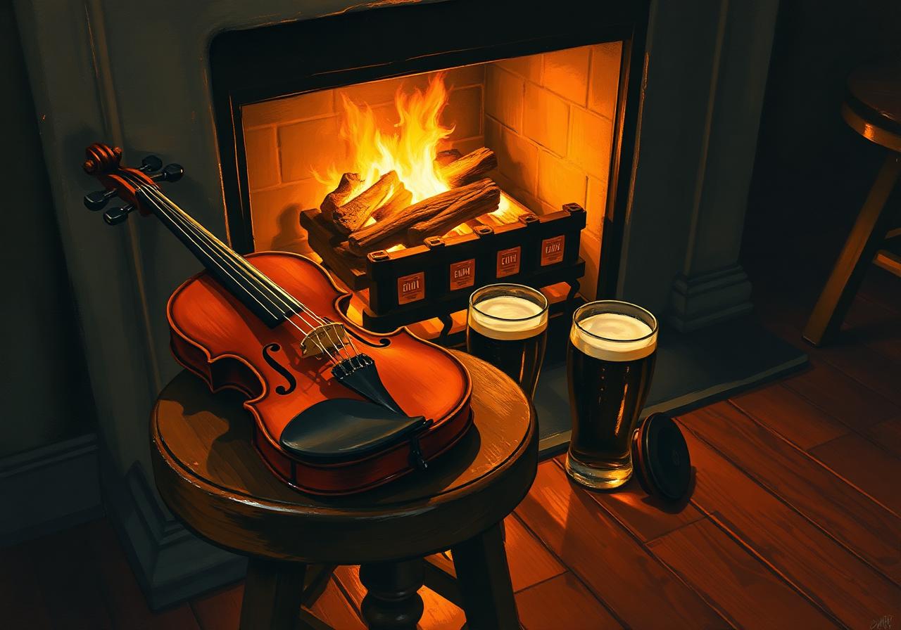 Painterly close-up of a violin and a goatskin bodhran resting on a wooden stool beside a glowing turf fire in the corner of Leo's Tavern, two half-full pints of stout glowing on the stool's edge in deep amber bokeh on a dark polished floor.