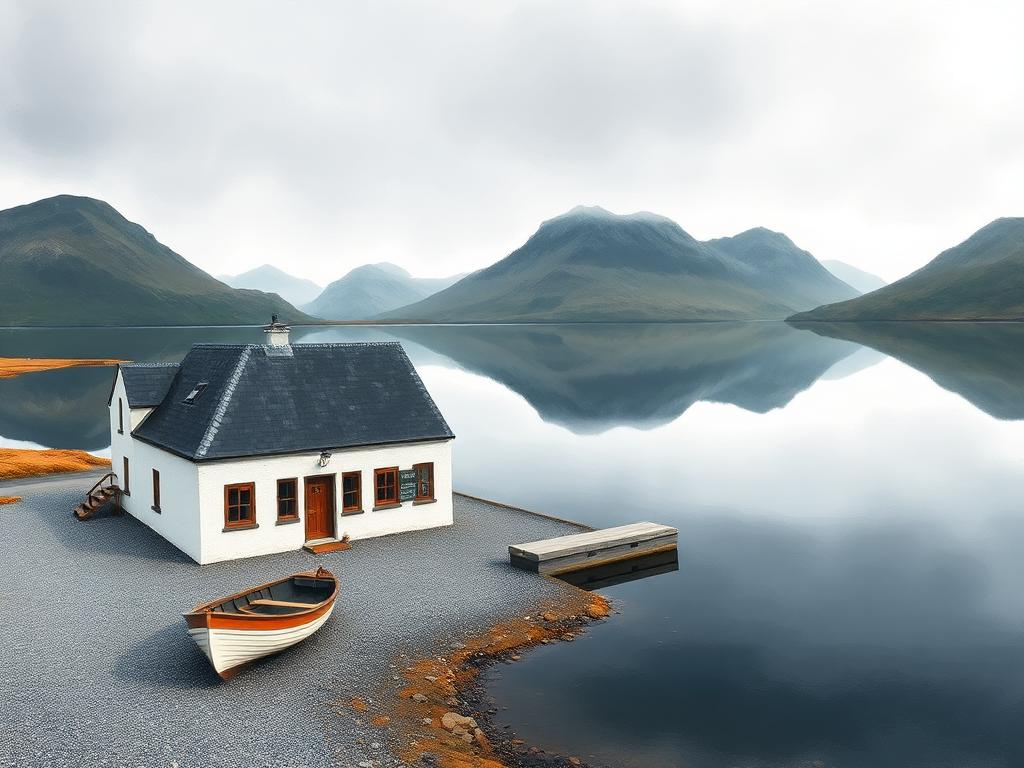 A whitewashed Victorian fishing lodge on the still shore of Lough Inagh, the Twelve Bens reflected in the mirror-calm water with a single rowing boat at a small jetty