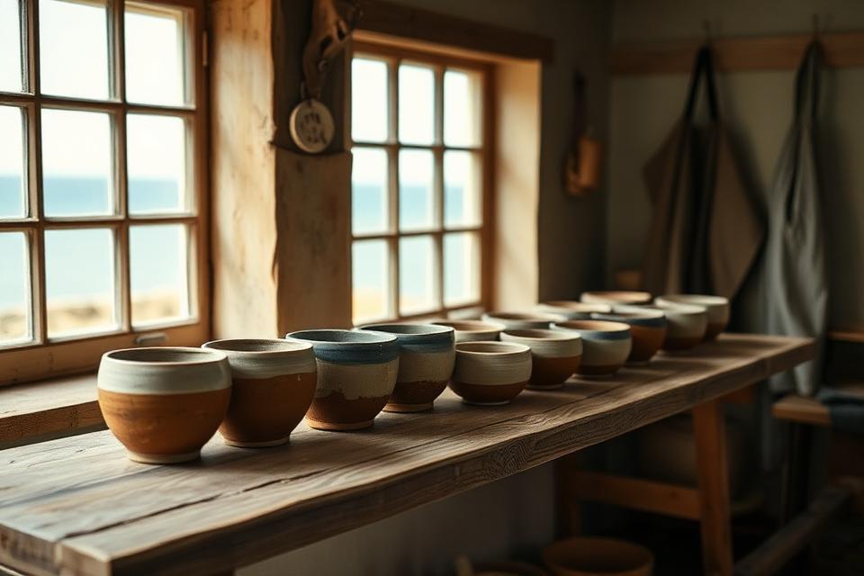 Louis Mulcahy's studio at Clogher — a row of freshly thrown stoneware bowls drying on a rough timber bench, glazed in earthy ochre, slate-blue and cream, the Atlantic visible through the studio window.