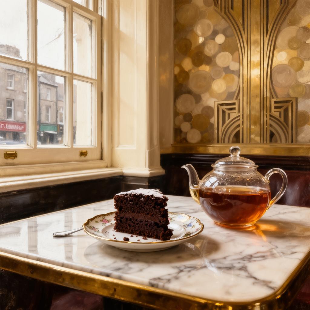 A slice of dark chocolate cake on vintage floral china beside a glass teapot of dark tea on a marble café table, with art-deco gold panelling and a tall sash window onto Quay Street in Sligo town, painterly editorial style.