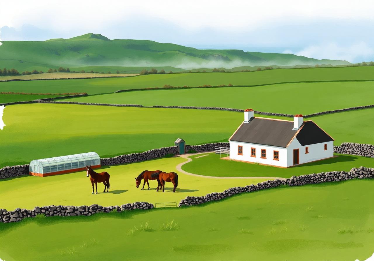 Low whitewashed farmhouse and polytunnel on Clare Island, two horses grazing in a green field bounded by drystone walls, Atlantic on the horizon, soft morning mist, painterly editorial style.