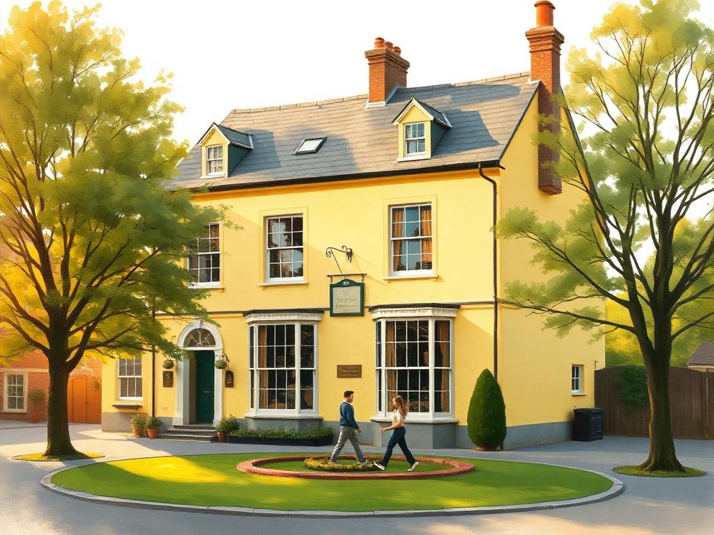 Painterly view of a handsome two-storey village hotel painted soft buttery yellow with a slate roof and tall sash windows, mature trees framing the corner and two tiny figures crossing the triangular village green at golden hour.