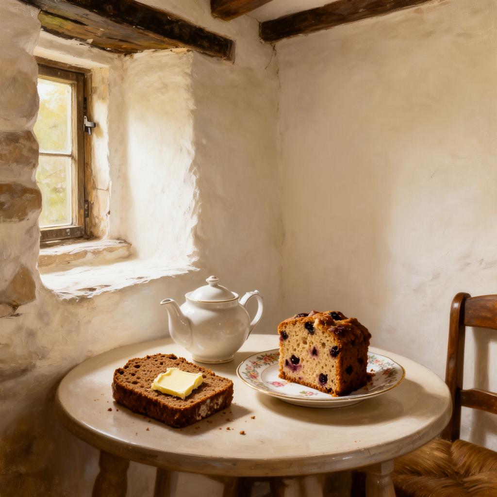 A small round table in a whitewashed 19th-century stone cottage tea-room with a porcelain teapot, a slice of buttered brown soda bread and a wedge of fruit cake on a vintage china plate, soft afternoon light through a small deep-set stone window, painterly editorial style.