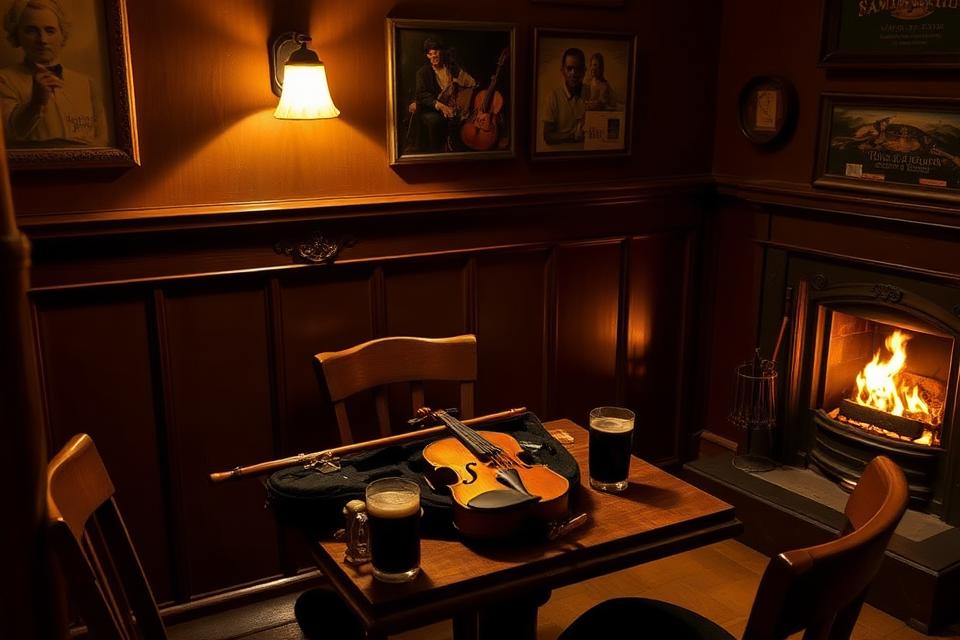 The back room at Matt Molloy's — a small wooden table with a fiddle, a wooden flute and two pints of stout, a turf fire blazing in a black-iron grate alongside.