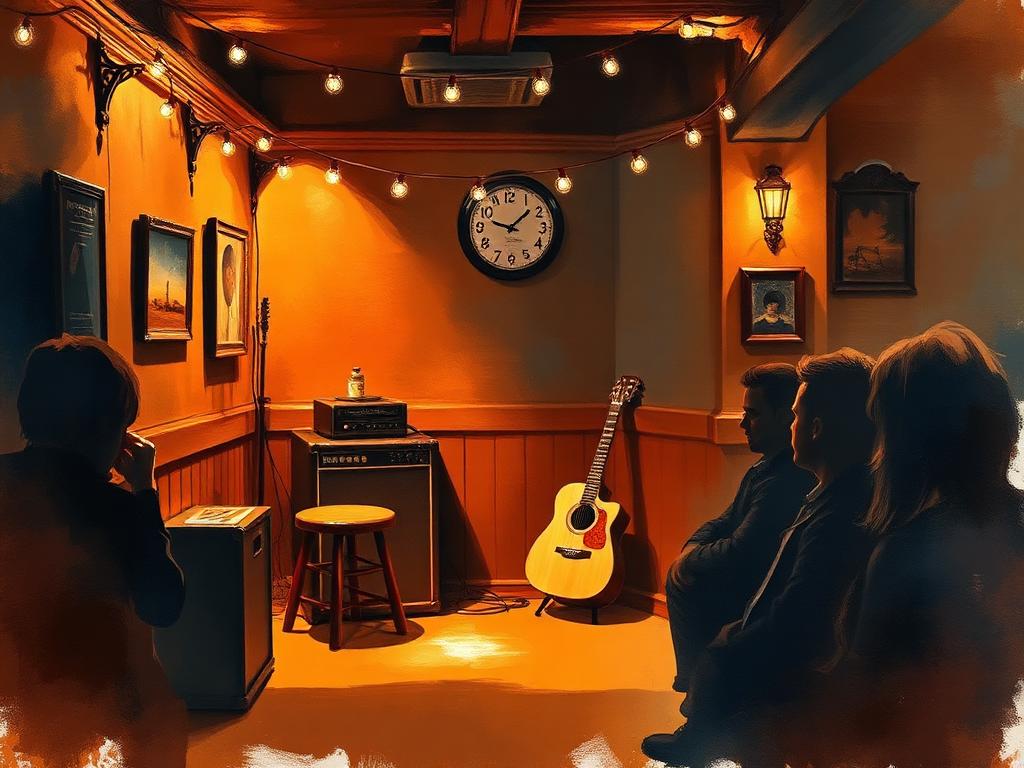Painterly interior of a warm intimate music pub corner — a small wooden stage with an empty stool, an acoustic guitar leaning against an amp, fairy lights strung overhead and a row of seated silhouetted listeners in soft amber haze.