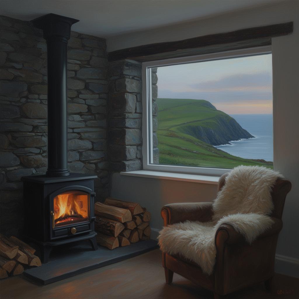 Cosy stone cottage living room with a black cast-iron woodburner glowing, logs stacked beside it, a sheepskin-draped armchair, and a wide window framing the green Mullaghmore headland and Atlantic beyond at dusk, painterly editorial style.