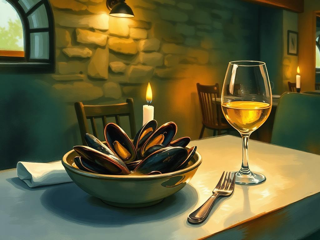 A candlelit table inside Mitchell's — a bowl of Connemara mussels in white wine broth, a glass of white wine and a linen napkin against an exposed stone wall