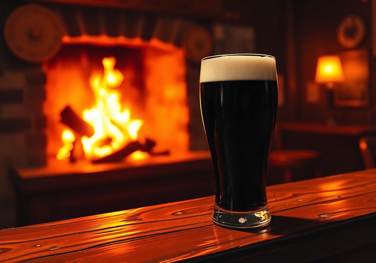 Painterly close-up of a creamy-topped pint of stout on a polished wooden bar counter in a Dunfanaghy pub, the glass catching warm amber light from a turf fire blurred behind, ember and lamp glow in deep shadows.