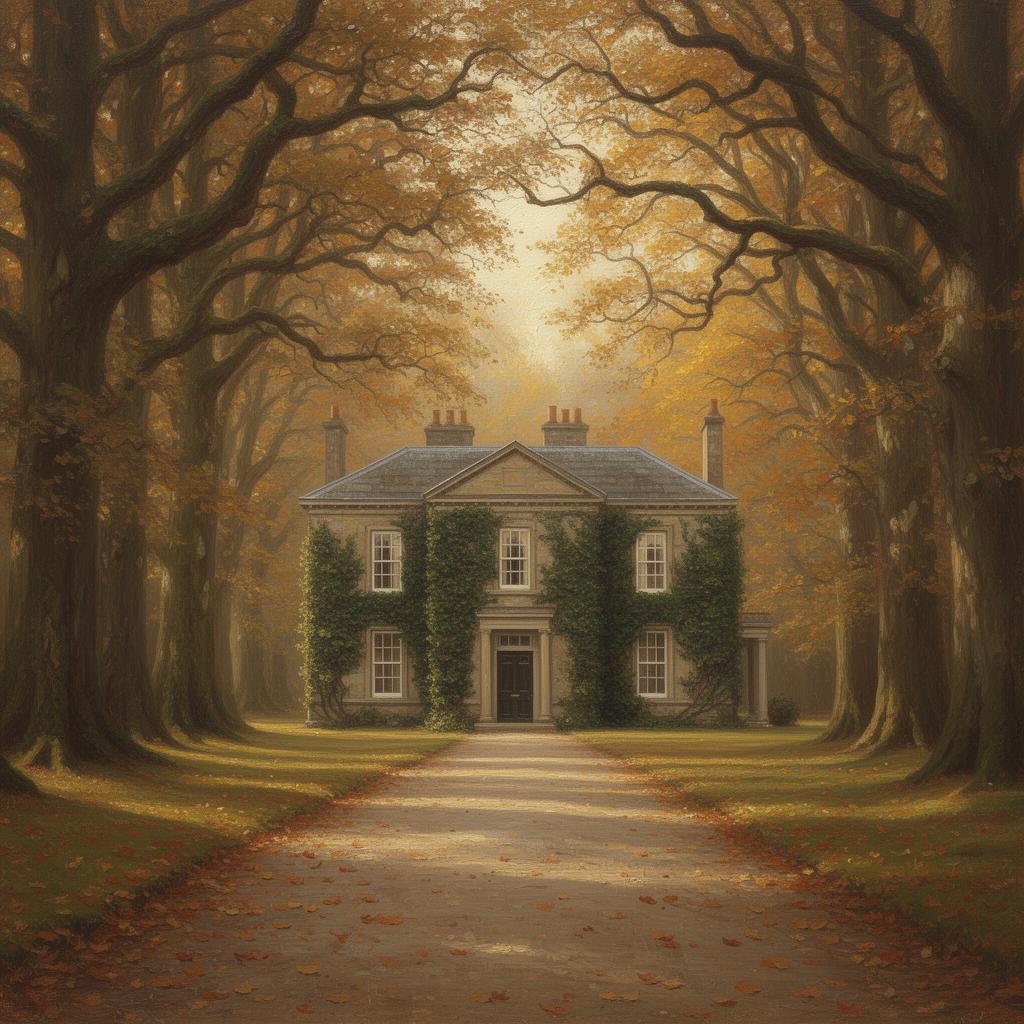 Restored ivy-covered 19th-century country house mansion at the end of a long tree-lined avenue in autumn, fallen leaves on the gravel drive, golden light filtering through ancient oak woodland, painterly editorial style.
