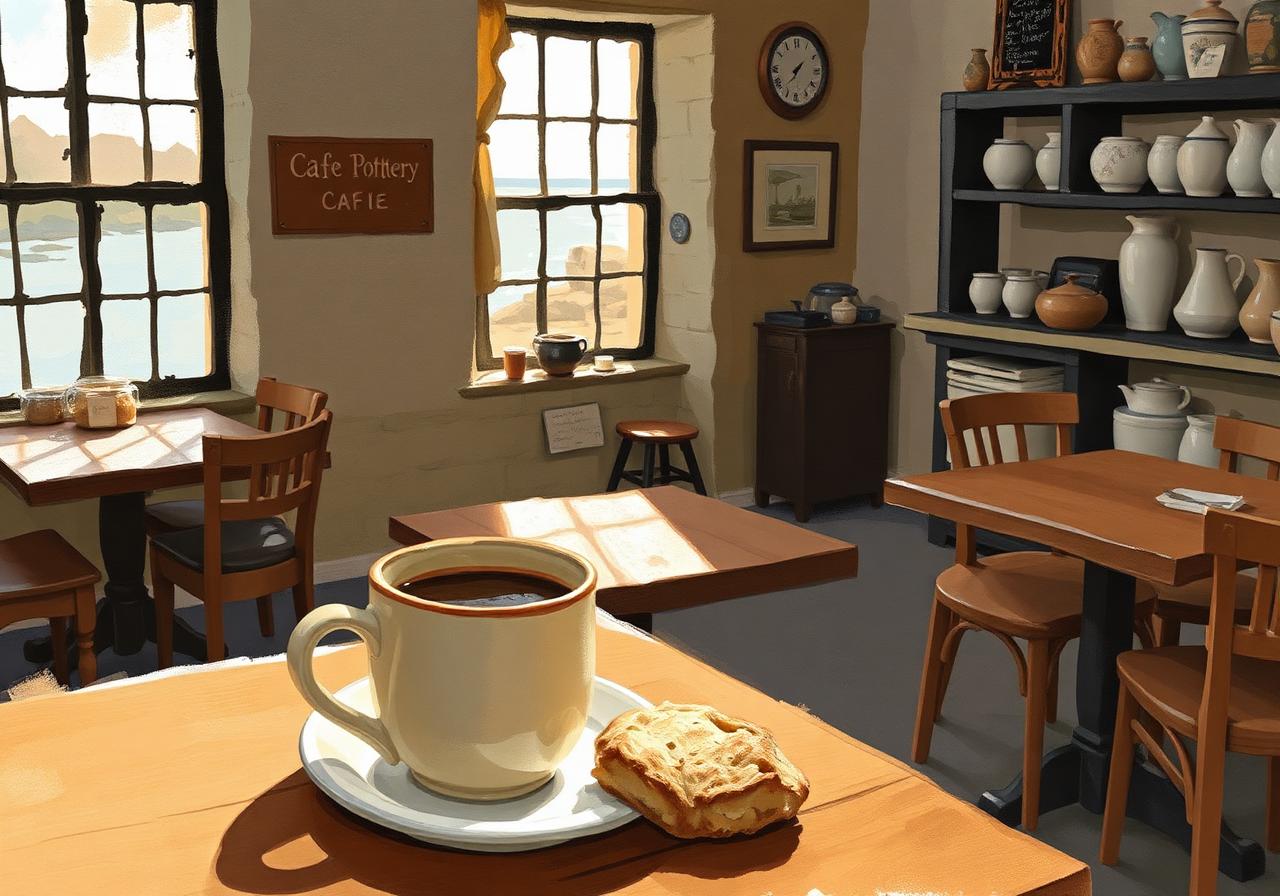 Painterly interior of a cosy upstairs café and pottery studio in an old stone quayside warehouse on The Square in Dunfanaghy, mismatched wooden tables, a chunky earthenware mug of coffee and a scone on the table, sea visible through the panes.