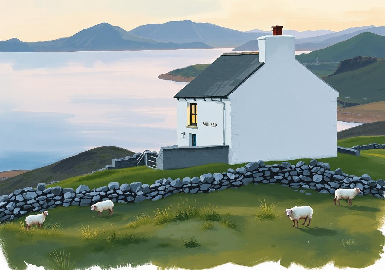 Whitewashed family B&B perched on high ground at Baile Ard on Arranmore island, looking back across the Donegal sound to the mainland mountains in soft evening light, drystone walls and grazing sheep, a single warm window glow, painterly editorial style.