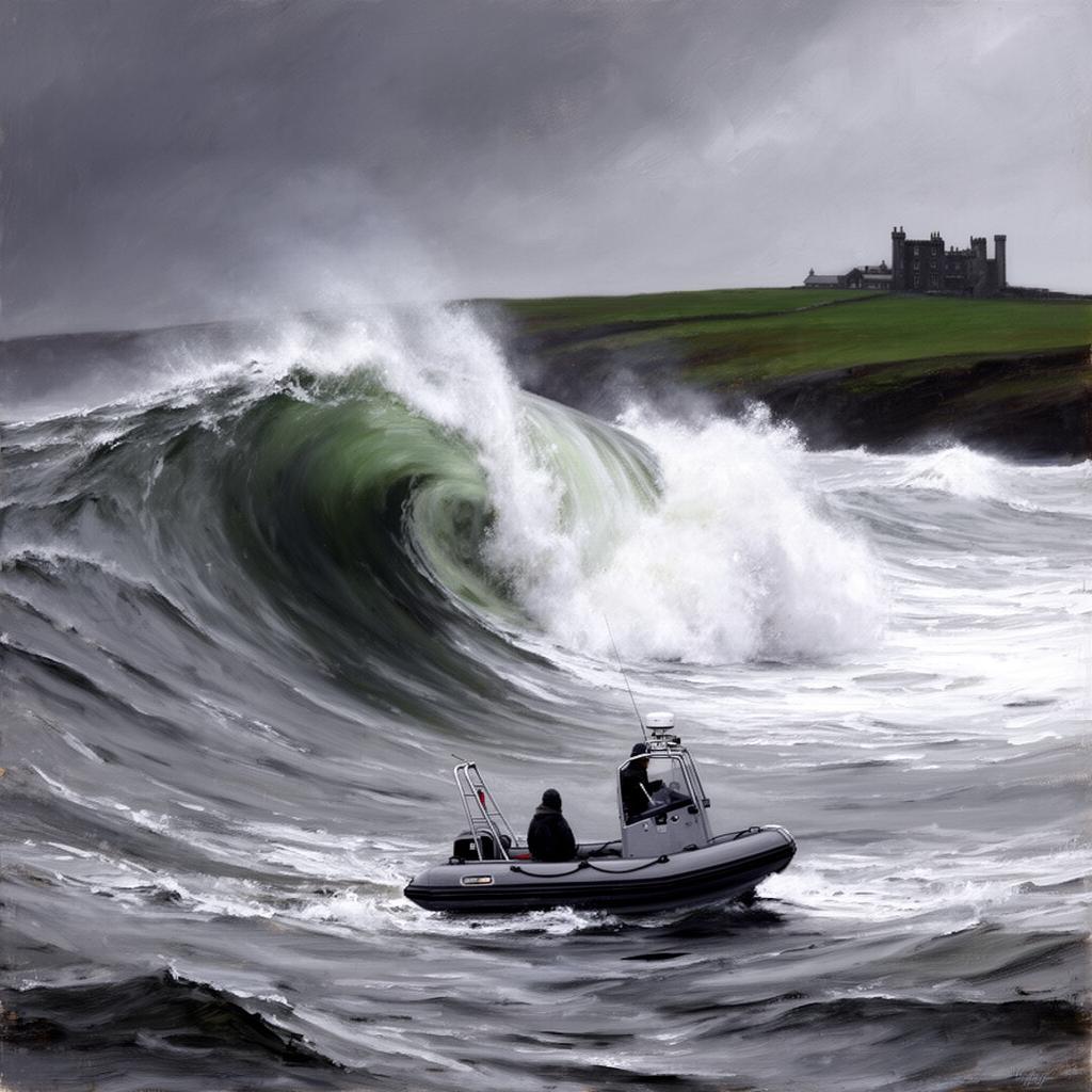 A small RIB boat with two figures in storm gear on a dark Atlantic swell, dwarfed by a colossal grey-green wave breaking on the Mullaghmore reef, white spray flying off the lip, the green Sligo headland and Classiebawn Castle silhouette in the distance, painterly editorial style.