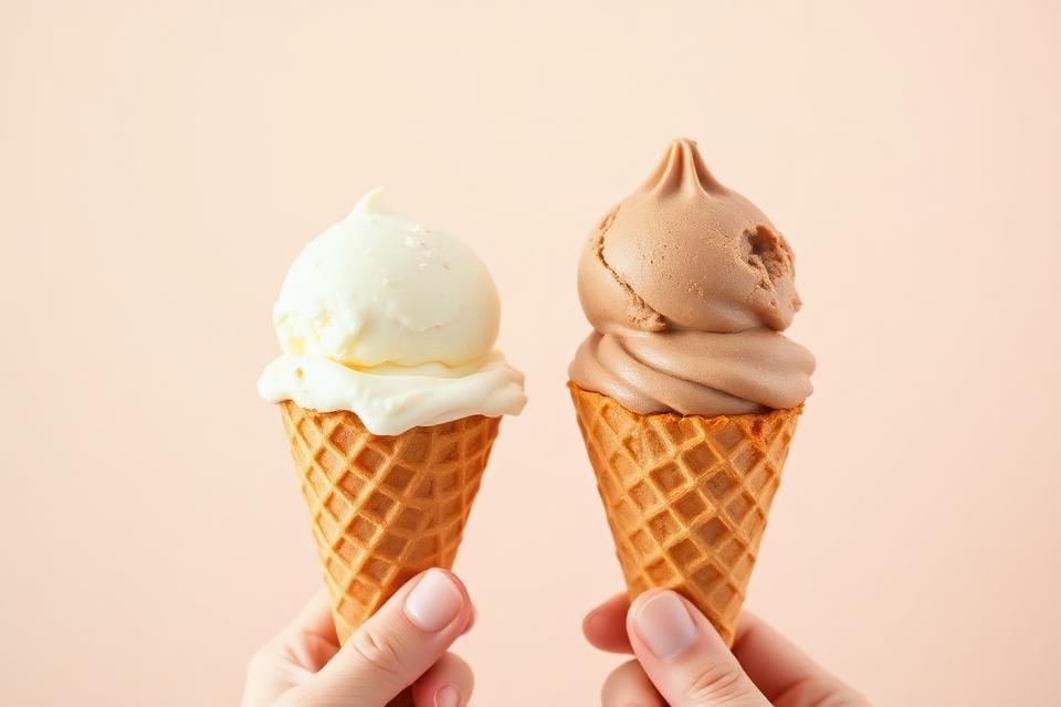 Two of Murphy's ice-cream cones held up against a soft pastel background — a pale sea-salt scoop beside a caramel-coloured brown-bread scoop on classic waffle cones.