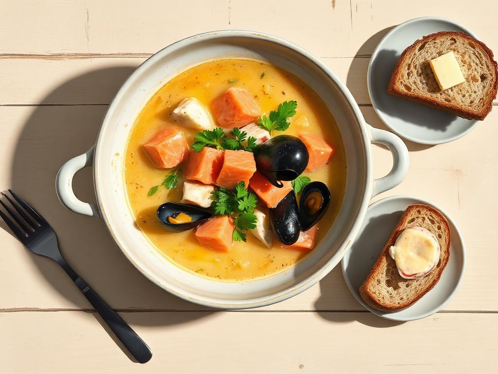 Painterly overhead view of a deep ceramic bowl of creamy seafood chowder topped with chunks of salmon, mussels and parsley, two side plates of buttered brown soda bread on a weathered cream wooden table.
