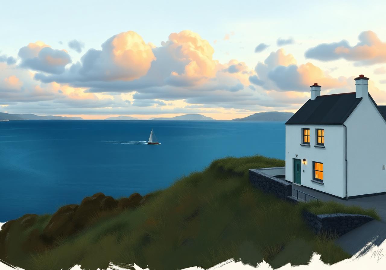 Small whitewashed B&B perched on the edge of Inishturk with the wide deep-blue Atlantic filling most of the frame, distant Mayo mainland silhouette, dramatic clouds catching warm evening light, painterly editorial style.