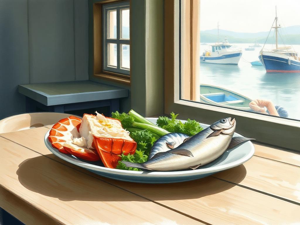 A plate of fresh Connemara seafood — split lobster tail, hake fillet and smoked mackerel — on a wooden table by a small harbour window with fishing boats outside
