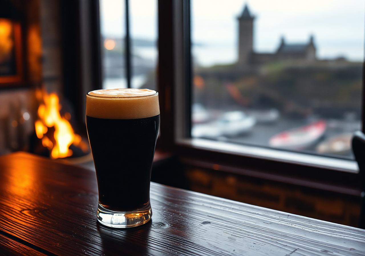 Close-up of a creamy-topped pint of stout on a worn dark wooden bar counter, warm bokeh of a turf fire and Clare Island harbour with Granuaile's tower house just discernible through a rain-flecked window behind, painterly editorial style.