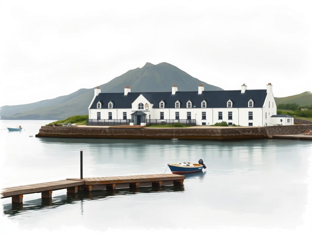 A long low whitewashed hotel beside the calm waters of Achill Sound, with a small pier and the dark hump of Slievemore mountain rising on the far shore