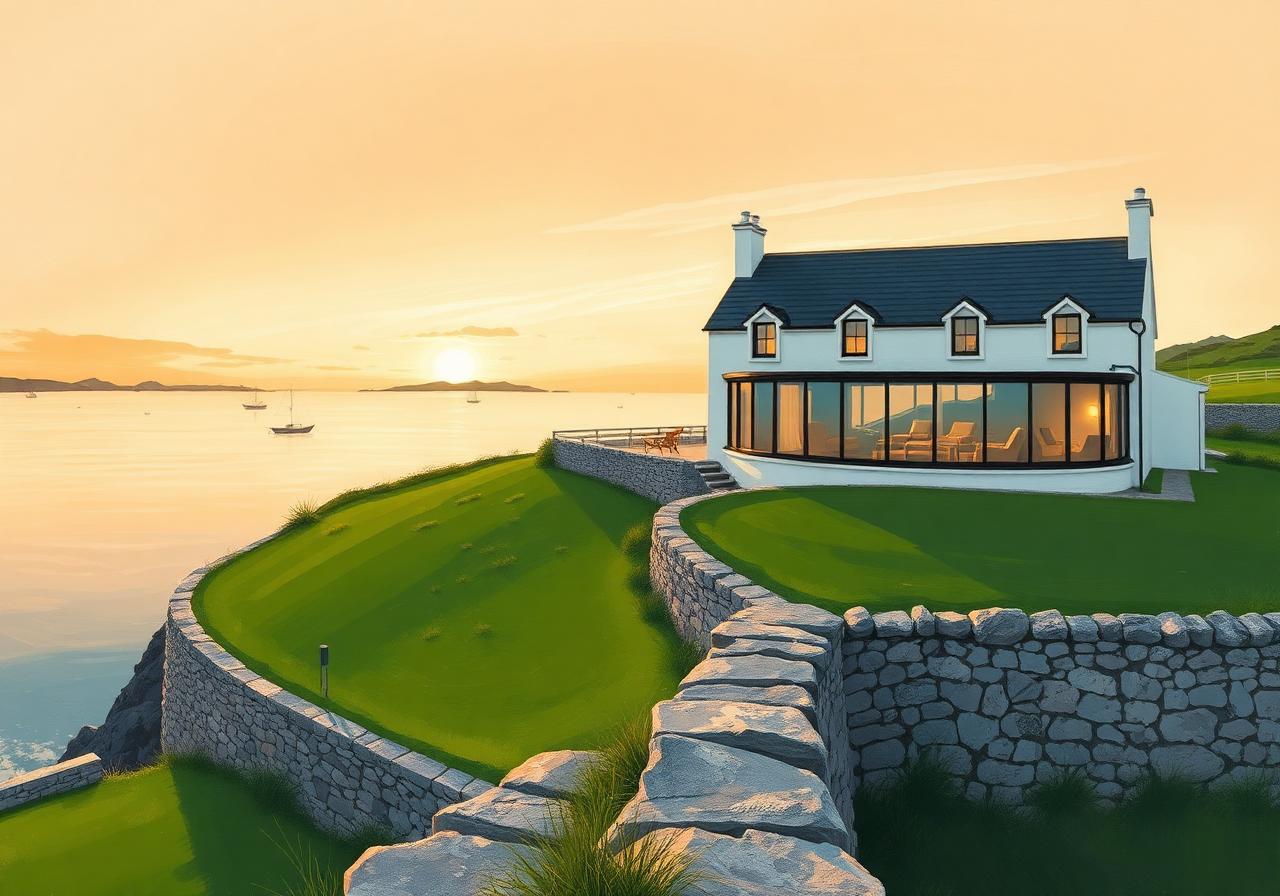 Painterly view of Óstán na Rosann, a low-slung white modern hotel on the edge of Dungloe at sunset, large picture windows reflecting an apricot Atlantic sky, neat lawns leading down to a stone wall above the calm bay with small islands offshore.