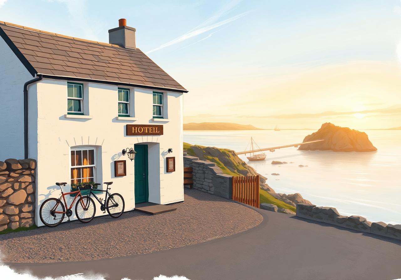 Low two-storey whitewashed island hotel in West Town, Tory Island, slate roof, a couple of bicycles leaning against the wall, the open Atlantic and the rocky east-end cliffs visible beyond at golden hour, painterly editorial style.