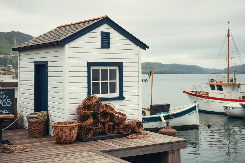 Out of the Blue — a small white timber shack with deep navy trim on the Dingle harbour quay, a stack of woven lobster pots beside it and fishing boats moored just behind.
