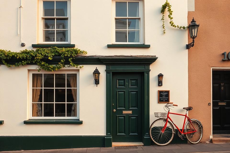 Pat Cohan's in Cong — a whitewashed two-storey village pub with glossy dark green ground floor, ivy climbing the corner, a wrought-iron lamp beside the door and a red bicycle leaning against the wall.
